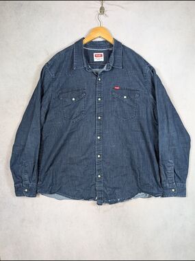 Wrangler Denim Pearl Snap Western Shirt Men's Size 2XL Long Sleeve Distressed